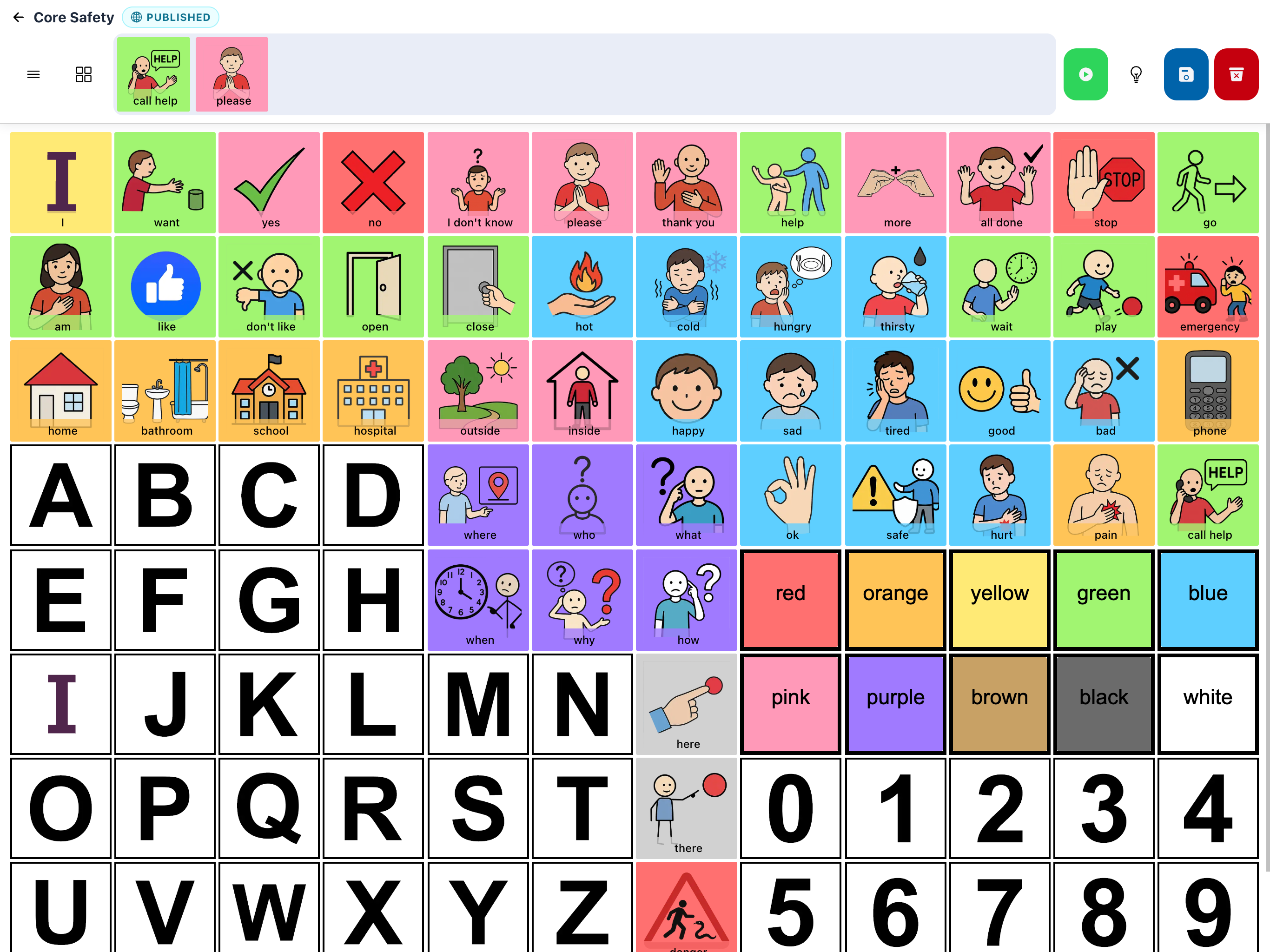 A SpeakAnyWay public board open in the app on an iPad