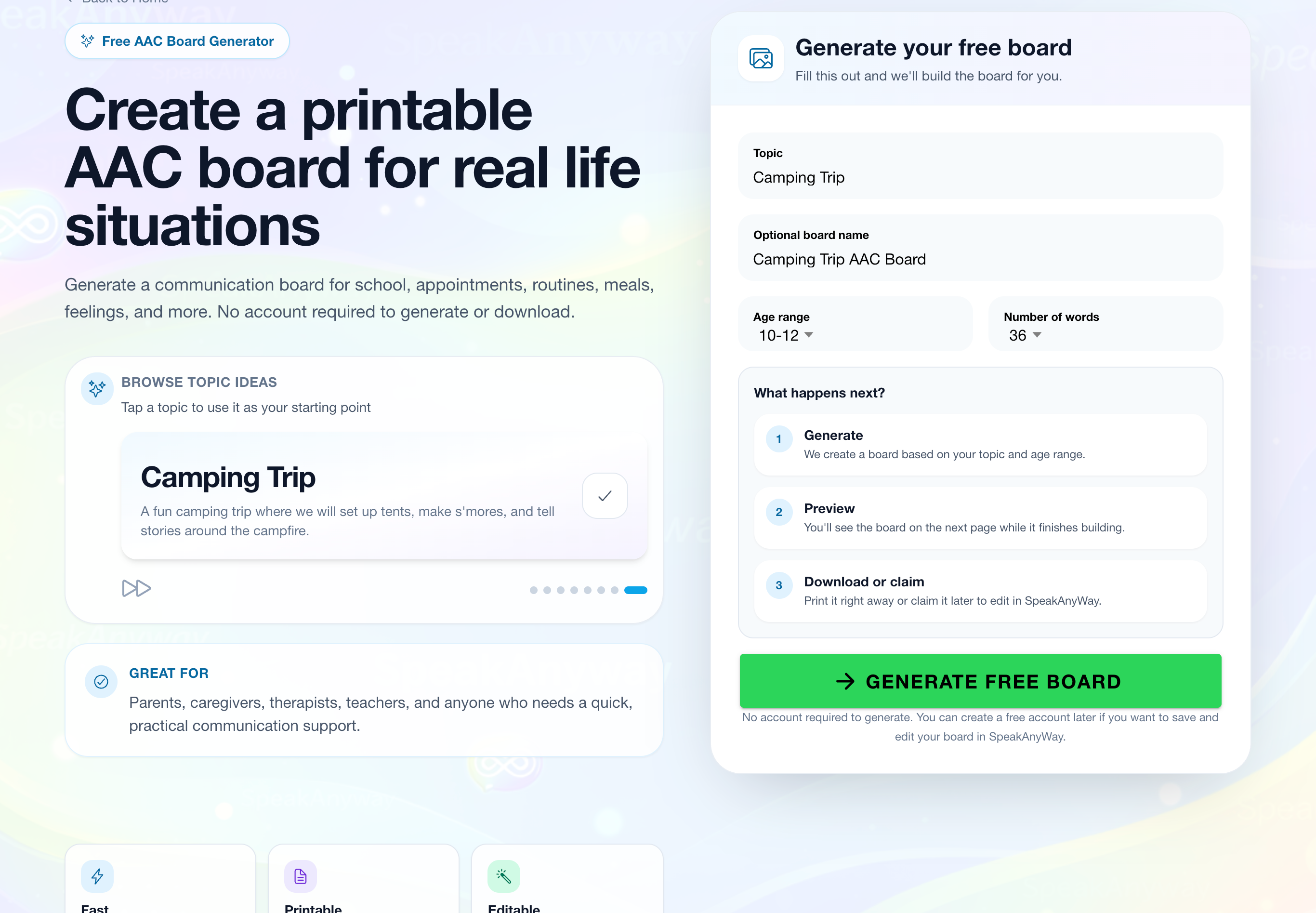 The SpeakAnyWay Free Board Generator with a Camping Trip topic typed in and the Generate Free Board button visible