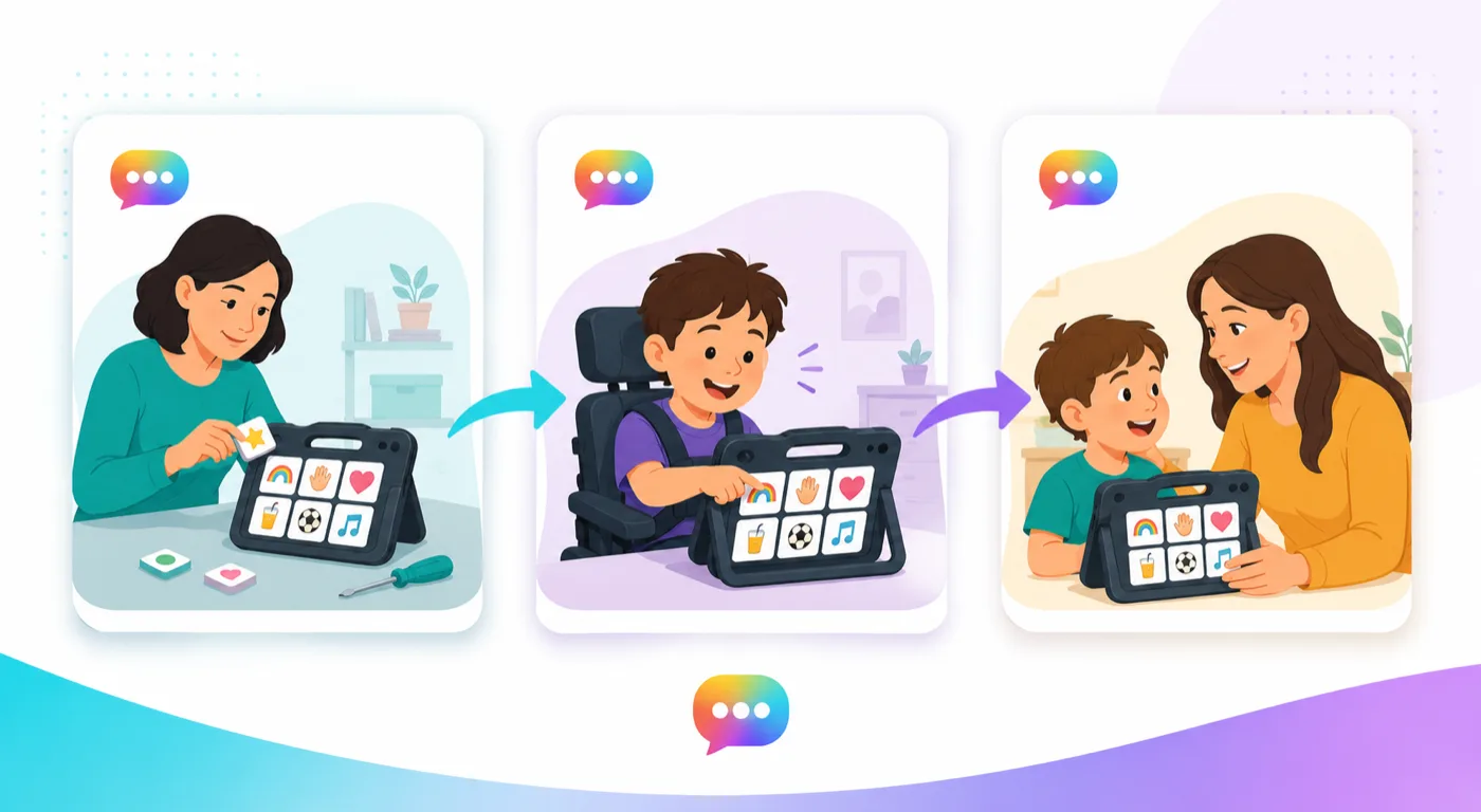 Three illustrated cards side by side: a therapist building a communicator, a child actively using the communication buttons, and a child with a parent.