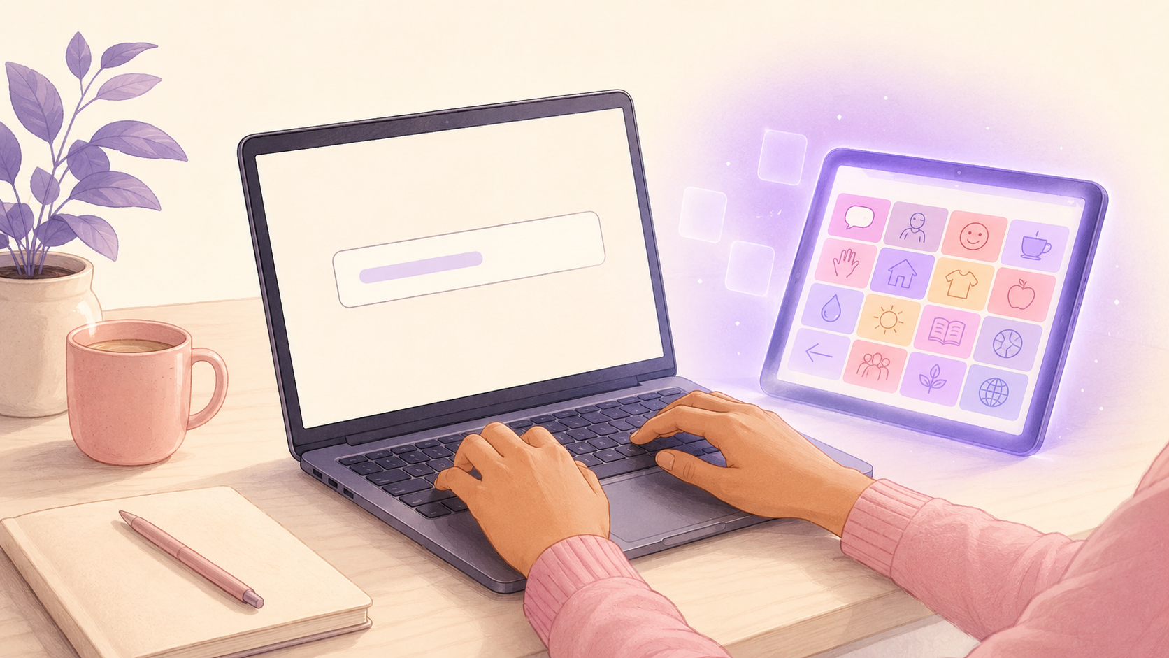 Hands typing on a laptop with an AAC board appearing on a floating tablet