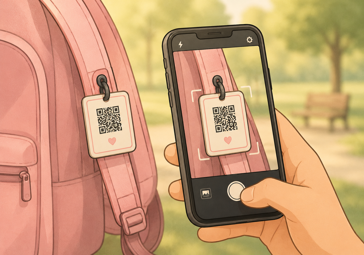 A phone scanning a MySpeak QR tag clipped to a child's backpack