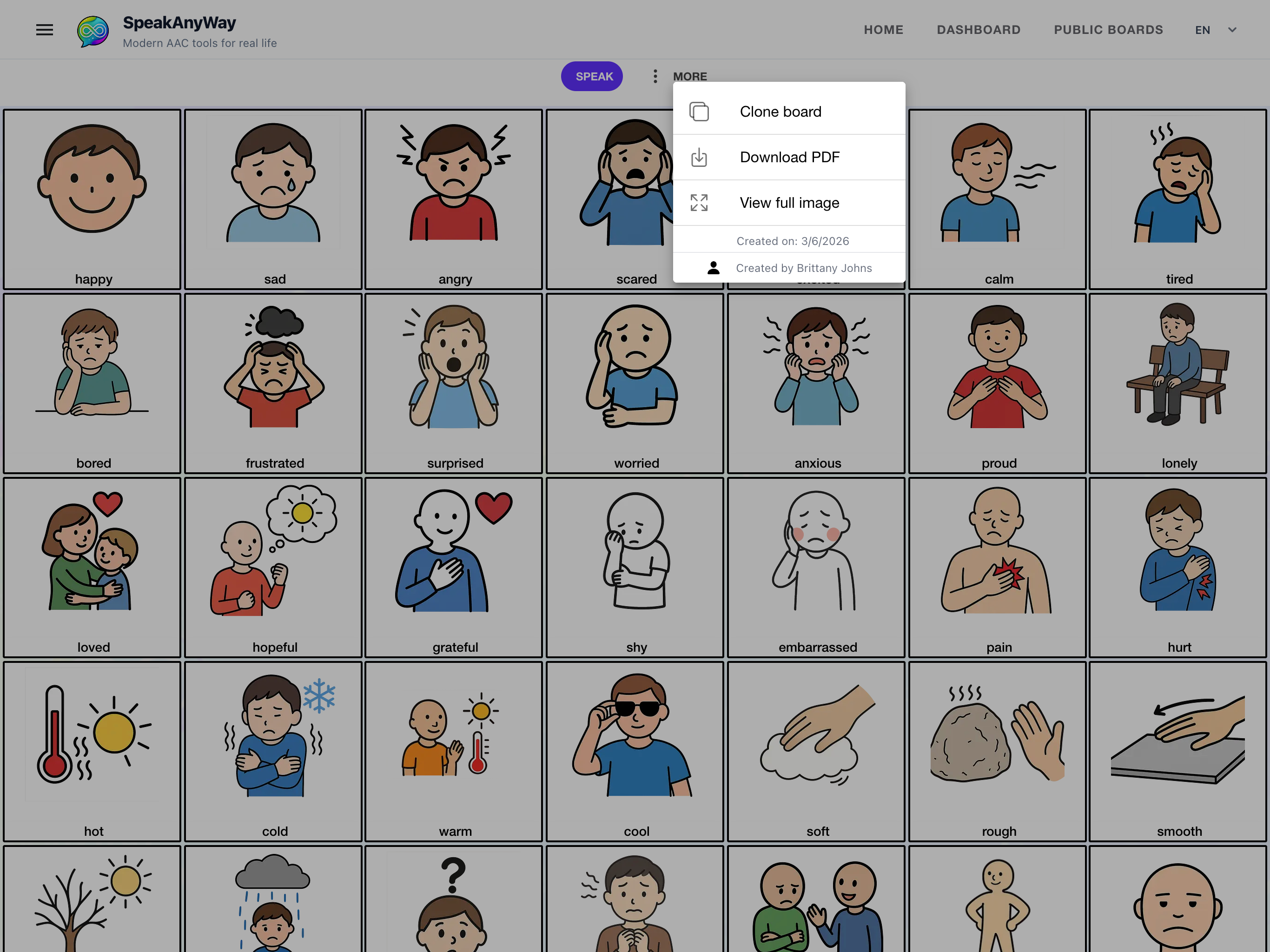 A public emotions board open in the SpeakAnyWay editor with the More menu open showing the Clone board option
