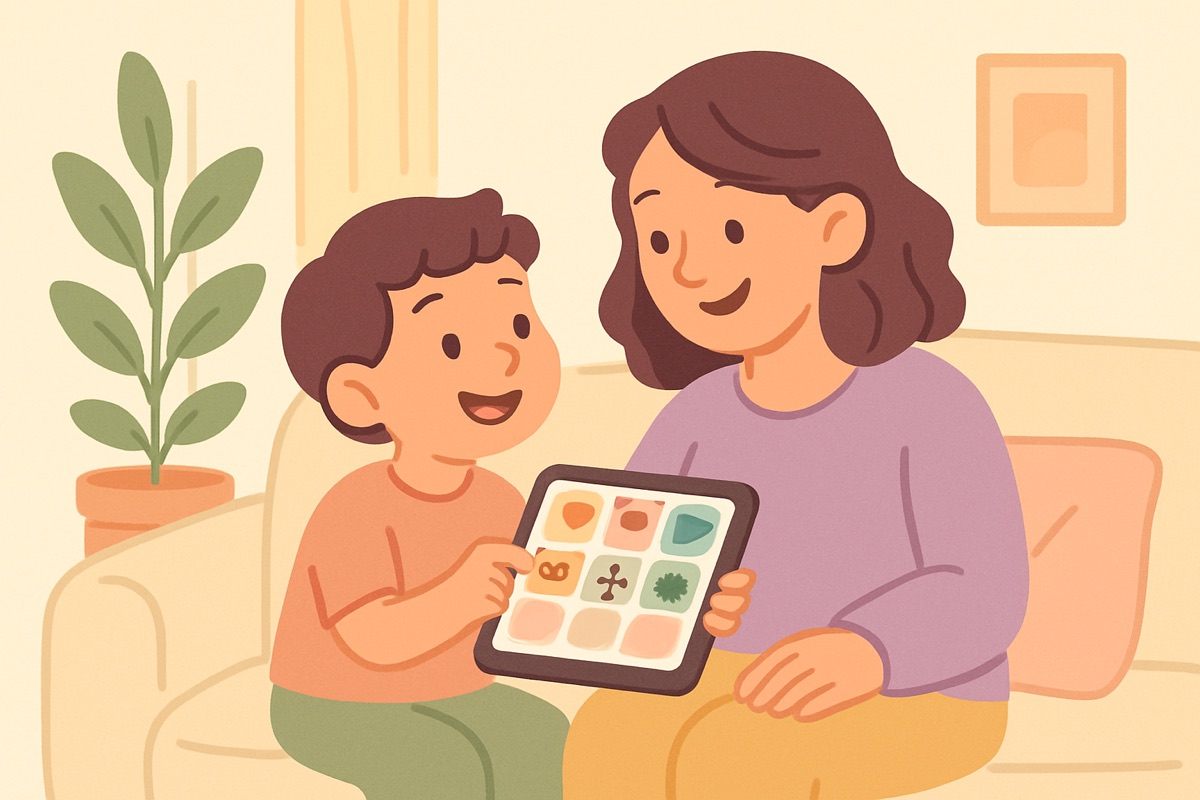 Soft cartoon illustration of a mom and young child on a couch, the child tapping a colorful grid of picture buttons on a tablet