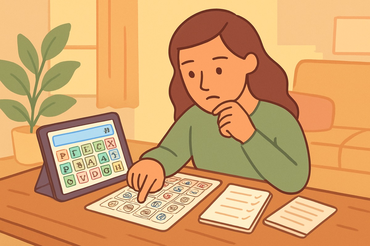 Soft cartoon illustration of a parent at a table comparing a tablet showing a picture-word grid app with a printed communication board and a checklist notebook
