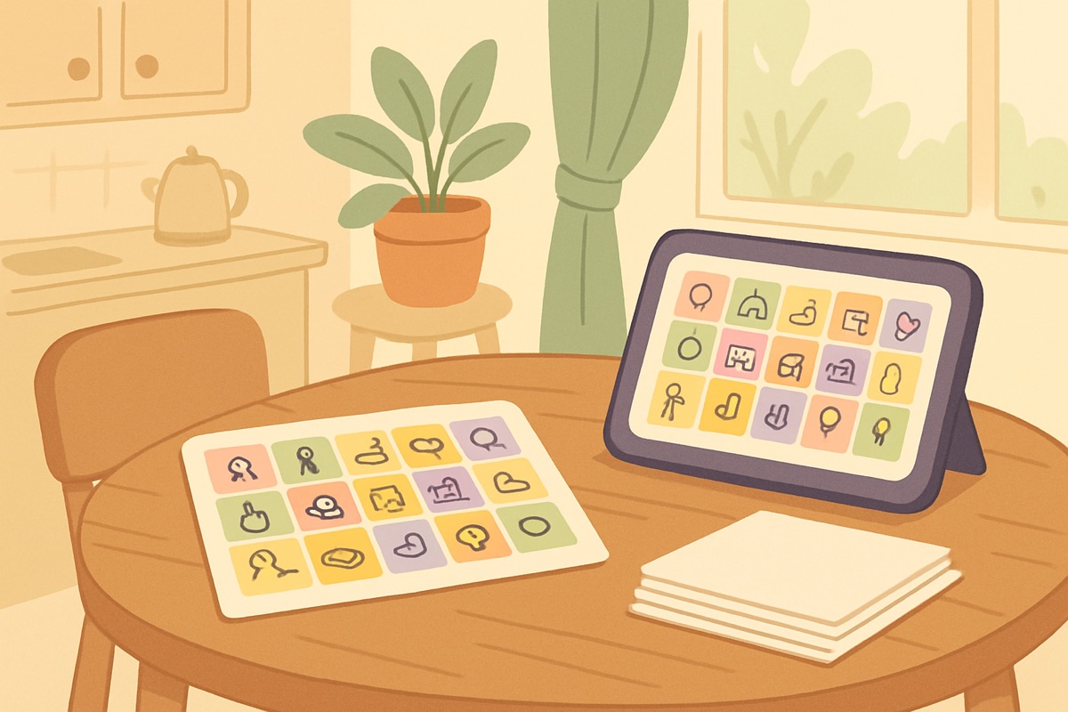 Soft cartoon illustration of a printed communication board and a tablet showing a picture-word grid, side by side on a kitchen table