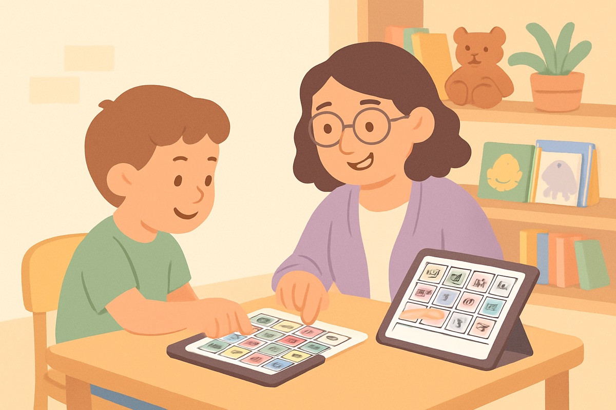 Soft cartoon illustration of a speech-language pathologist and a young student at a table, the student tapping a picture cell on a tablet while the SLP points to a printed board