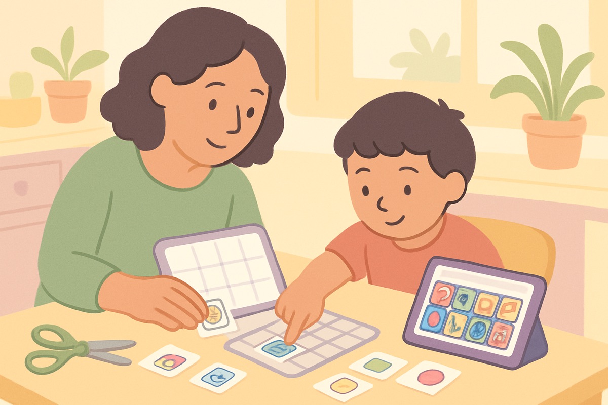 Soft cartoon illustration of a parent and child at a kitchen table making a communication board together, picture cards and a tablet on the table