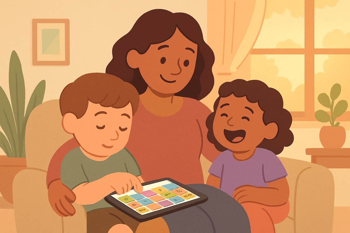 Soft cartoon illustration of a mom on a couch between two young children, one tapping a picture-word cell on a tablet, warm evening light