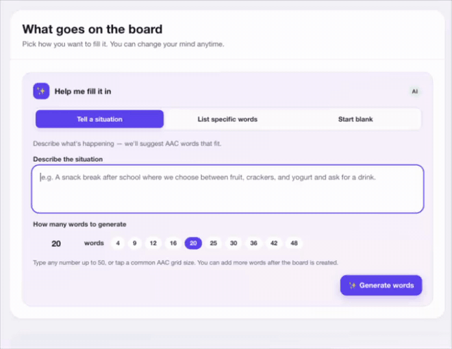 On the Tell a situation tab, describe the moment, pick how many words, and tap Generate words — AI fills in the chips.
