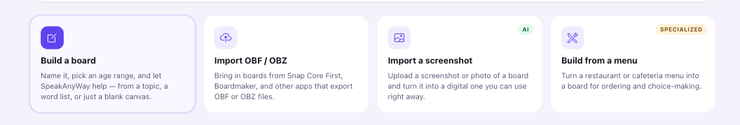 The New board page opens on Build a board, with three other starting points beside it.