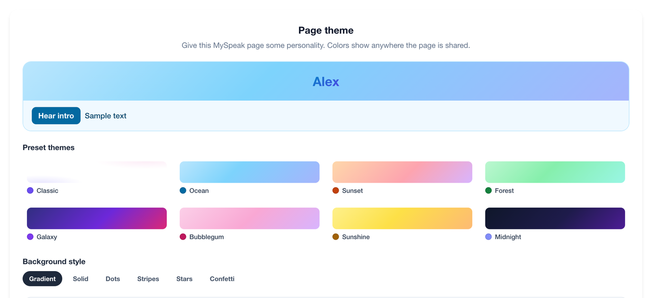 The MySpeak page theme section: pick a preset, a background style, and an accent color — the preview updates as you go.